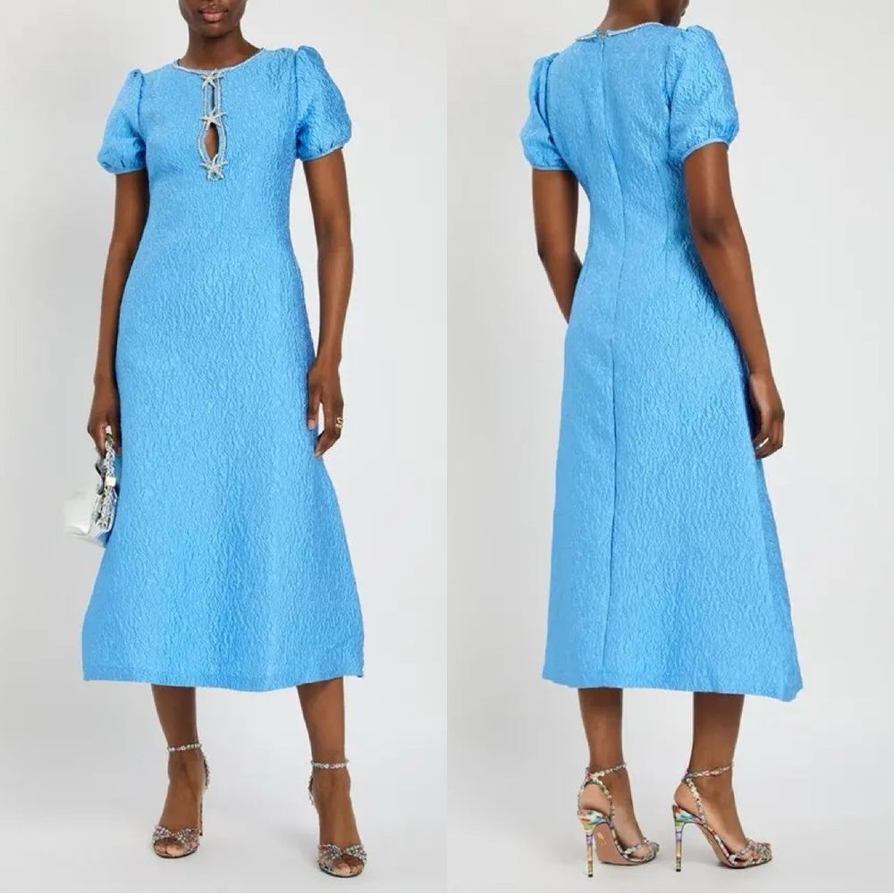 Sister Jane Dream Reef Jacquard Midi Dress in blue with crystal embellishments